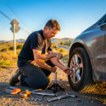 Une voiture sur le bord de la route avec un pneu crevé et des outils de changement visibles
