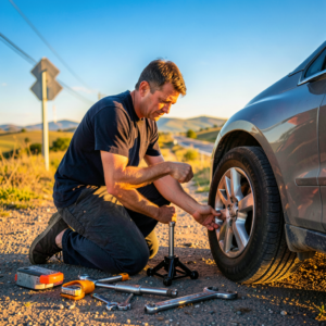 Une voiture sur le bord de la route avec un pneu crevé et des outils de changement visibles