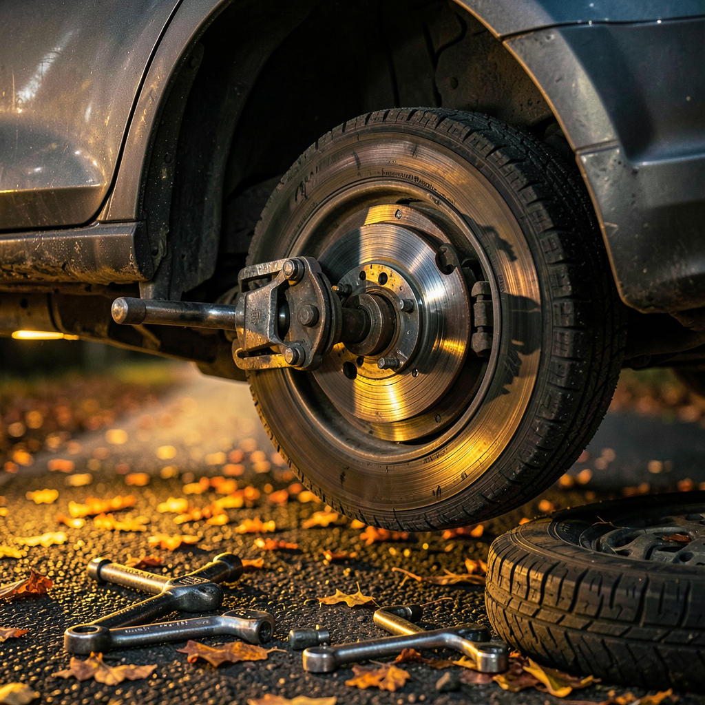Des outils de changement de pneu posés近く une voiture avec un pneu à plat