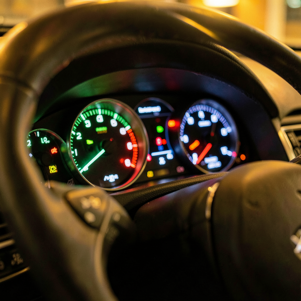 Vue détaillée du tableau de bord d'une voiture, montrant le symbole de l'huile, des feux de recul et des indicateurs de vitesse