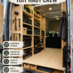 Intérieur aménagé d'un Ford Transit avec un lit escamotable et des rangements pratiques.
