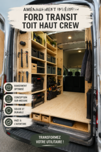 Intérieur aménagé d'un Ford Transit avec un lit escamotable et des rangements pratiques.