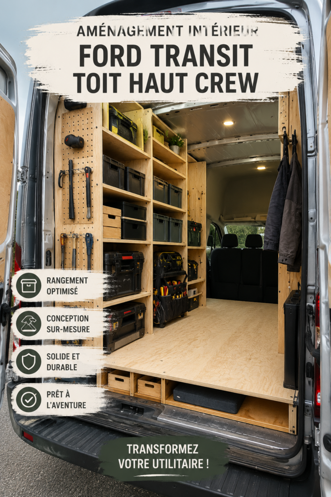 Intérieur aménagé d'un Ford Transit avec un lit escamotable et des rangements pratiques.