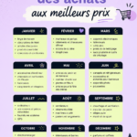 Un calendrier coloré des achats avec des icônes représentant les bonnes affaires.
