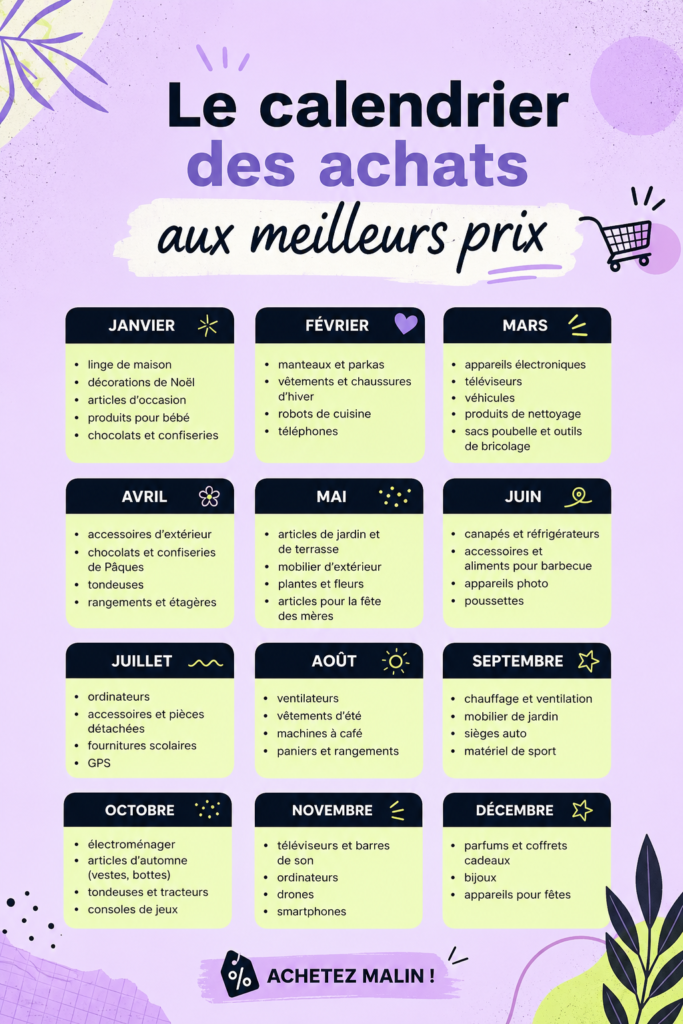 Un calendrier coloré des achats avec des icônes représentant les bonnes affaires.