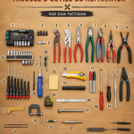 Un kit de réparation complet sur une table, prêt à l'emploi, avec outils variés et manuels d'instruction.