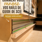 Rangement pratique des rails de scie sur rail dans un atelier organisé