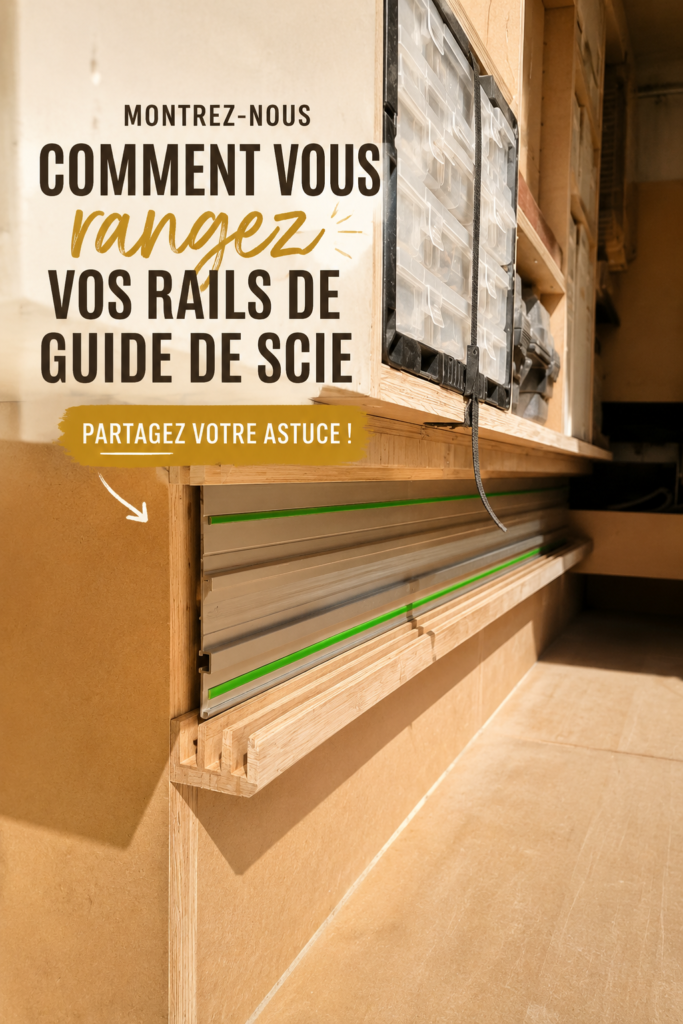 Rangement pratique des rails de scie sur rail dans un atelier organisé