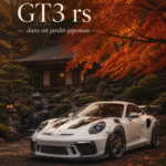 Une Porsche GT3 RS majestueusement stationnée dans un jardin japonais tranquille avec des pierres et des plantes.
