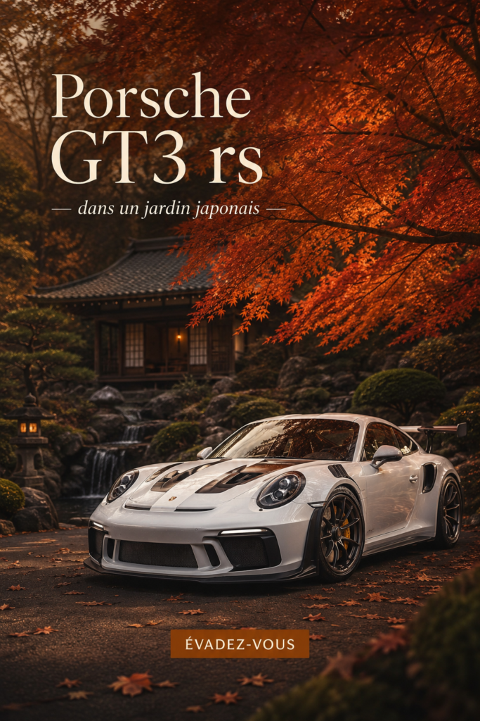 Une Porsche GT3 RS majestueusement stationnée dans un jardin japonais tranquille avec des pierres et des plantes.