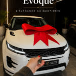 Un Range Rover Evoque stationné dans un cadre urbain avec une vue sur la ville, illustrant son design élégant.