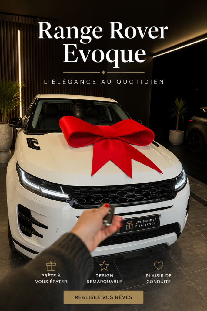 Un Range Rover Evoque stationné dans un cadre urbain avec une vue sur la ville, illustrant son design élégant.