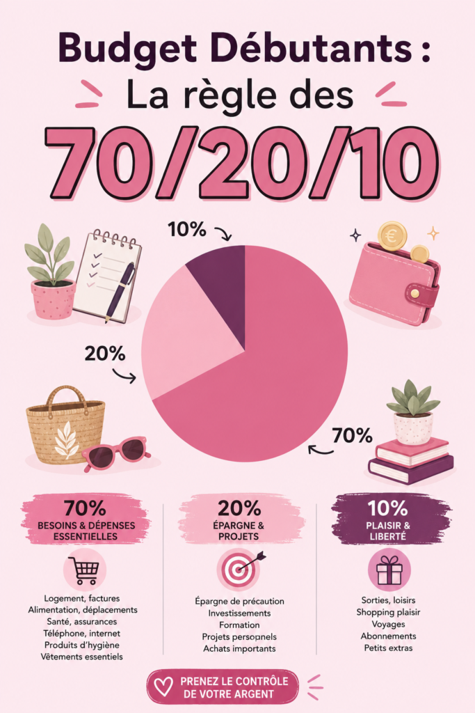 Une femme qui gère son budget avec un ordinateur portable et des notes, appliquant la règle 70/20/10.