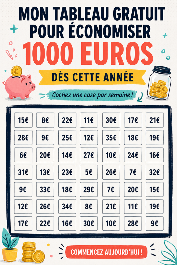 Tableau d'économies gratuit avec des conseils pratiques pour économiser 1000 euros.