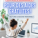 Femme souriante consultant des informations sur les aides financières à son bureau.