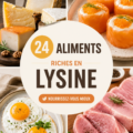 Plateau coloré d'aliments riches en lysine, incluant lentilles, noix, et produits laitiers.