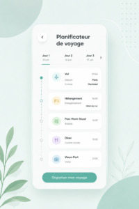 Femme utilisant une application de planification de voyage sur son téléphone.