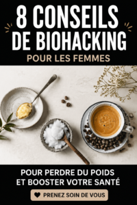 Une femme souriante pratiquant le biohacking avec un smoothie vert, symbolisant la santé et le bien-être.
