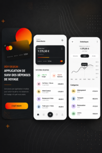 Écran d'une application de suivi des dépenses de voyage avec des graphiques colorés et des totaux affichés