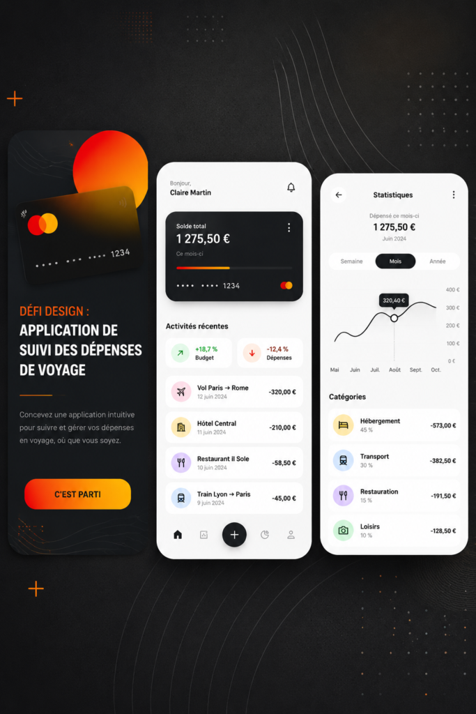 Écran d'une application de suivi des dépenses de voyage avec des graphiques colorés et des totaux affichés