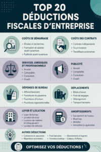 Infographie sur les déductions fiscales pour entrepreneurs, mettant en avant des conseils pratiques.