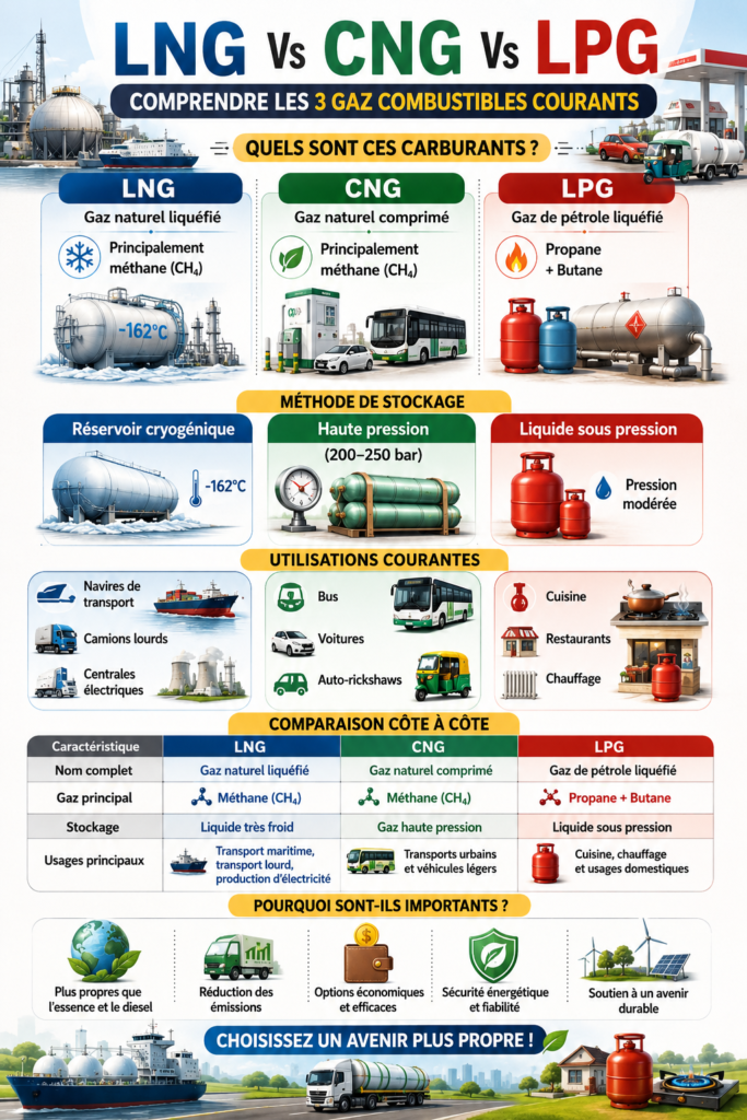Différents types de gaz : LNG, CNG et LPG avec explications des différences
