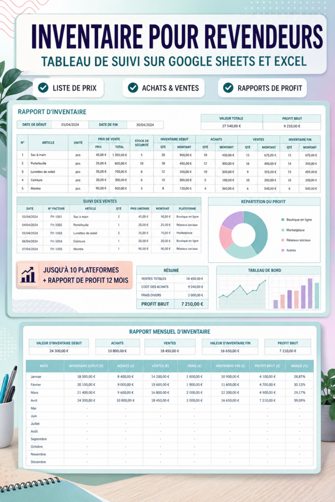 Modèle d'inventaire sur Google Sheets, illustrant une gestion simplifiée des stocks.