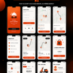 Mock-up d'une application de livraison alimentaire avec plusieurs options de kits UI.