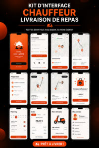 Mock-up d'une application de livraison alimentaire avec plusieurs options de kits UI.