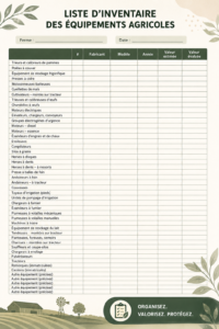 Une liste d'inventaire d'équipement agricole sur un bureau avec des outils