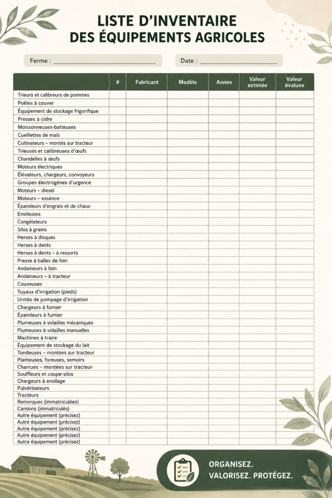 Une liste d'inventaire d'équipement agricole sur un bureau avec des outils