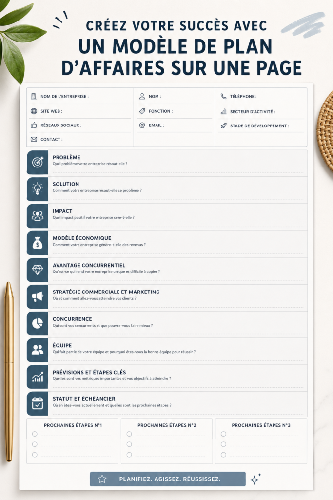 Modèle de plan d'affaires sur une page avec des éléments clés.