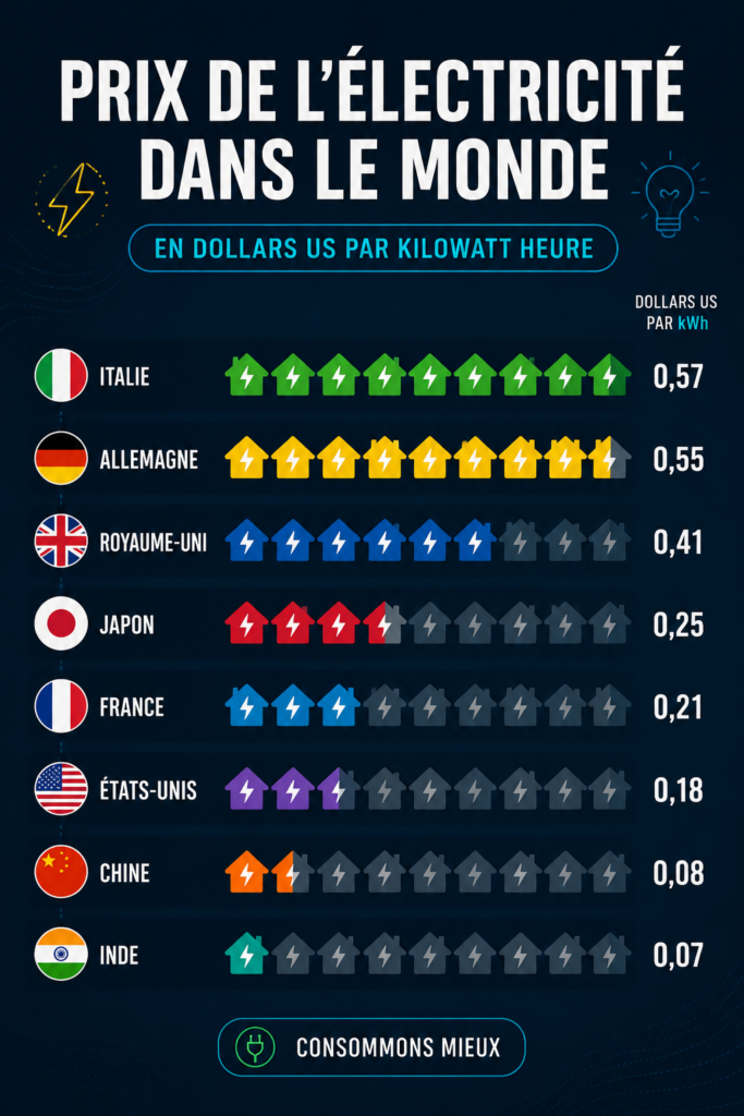 Comparaison des prix de l'électricité dans différents pays au niveau mondial.