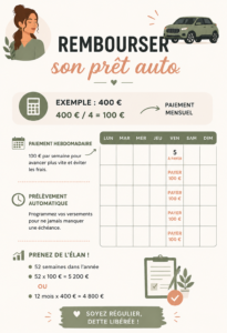 Femme regardant ses documents financiers pour rembourser son prêt auto, ressentant de la satisfaction.