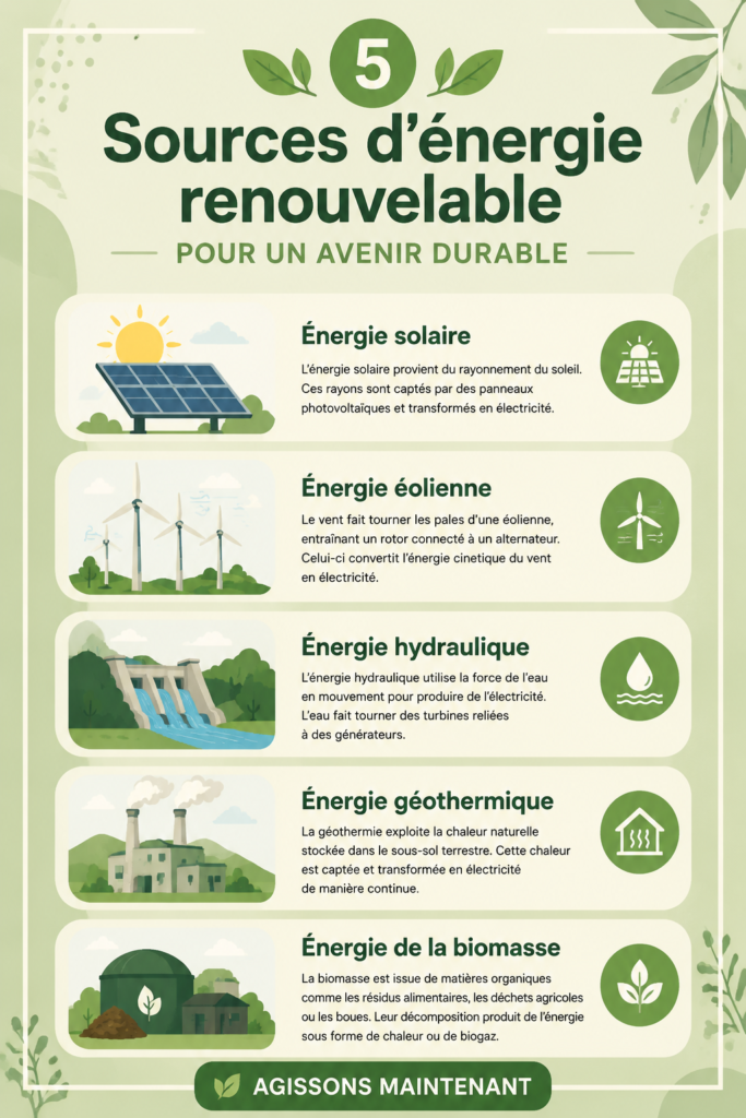 Schéma illustrant les 5 principales sources d'énergie renouvelable pour un avenir durable.
