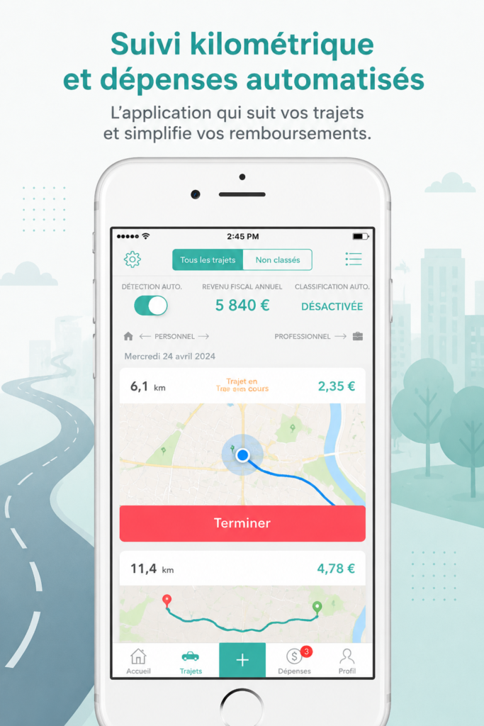 Capture d'écran de l'application Everlance montrant le suivi de kilométrage