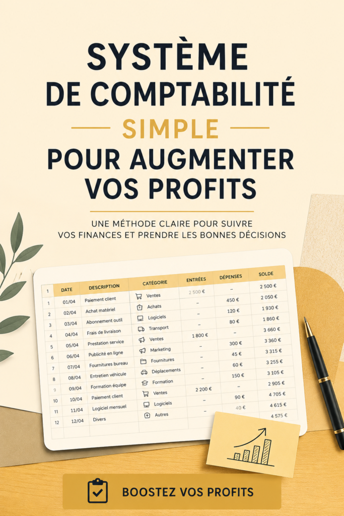 Illustration d'un bureau avec un ordinateur et des documents comptables, représentant un système de comptabilité simple.