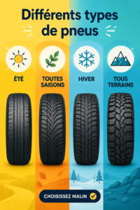 Différents types de pneus pour véhicule exposés sur fond neutre