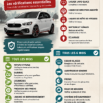 Femme vérifiant l'état de son véhicule sur le parking.