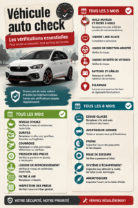 Femme vérifiant l'état de son véhicule sur le parking.