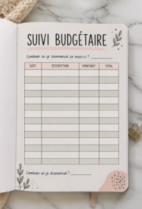 Un bullet journal ouvert sur une page dédiée au suivi du budget avec des stylos colorés.