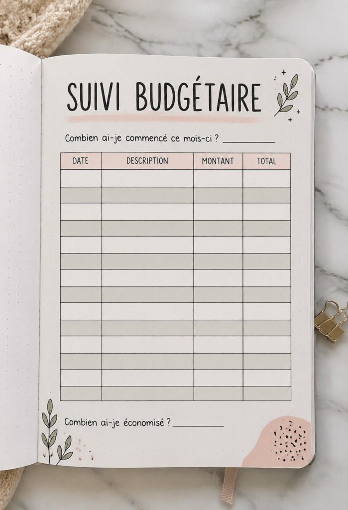 Un bullet journal ouvert sur une page dédiée au suivi du budget avec des stylos colorés.