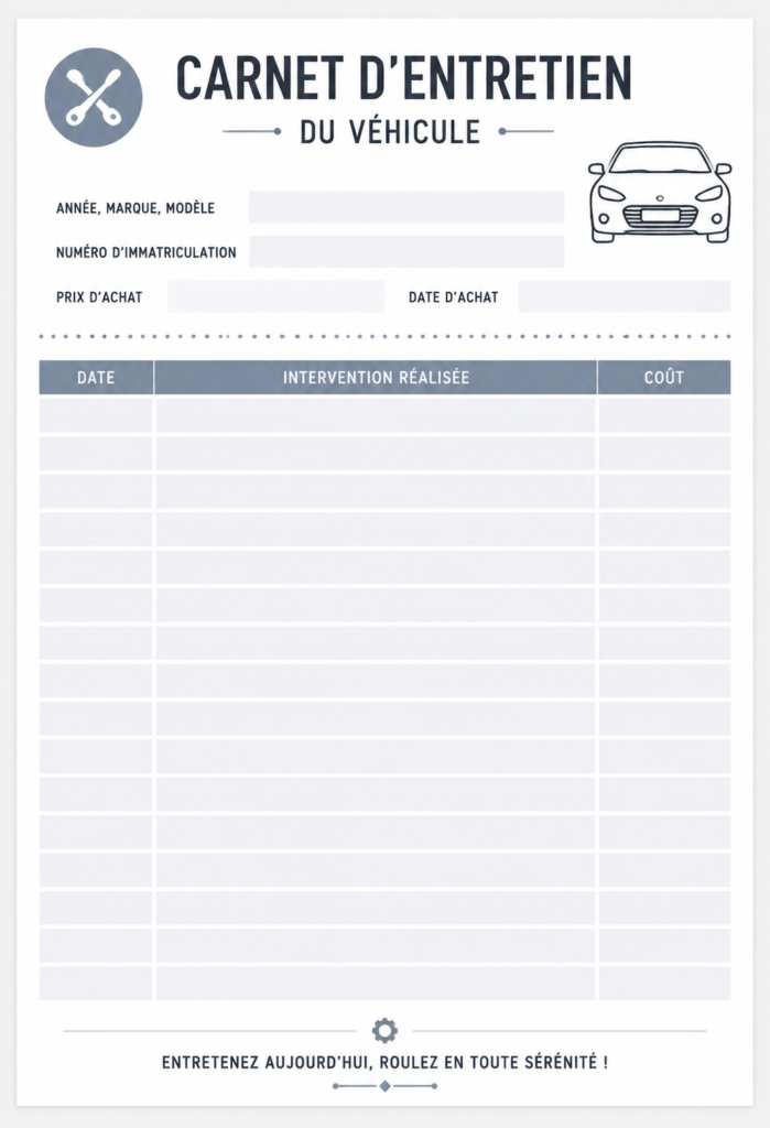 Un carnet d'entretien automobile ouvert avec des notes et dates d'entretien sur une table.