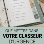 Un classeur de préparation aux urgences ouvert avec des documents organisés.