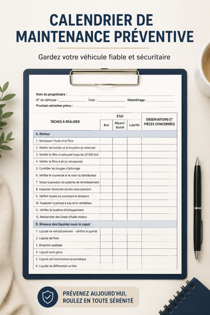 Un calendrier d'entretien automobile avec des dates importantes marquées