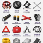 Un kit d'urgence auto bien préparé sur une banquette de voiture.