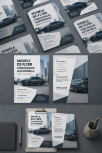Modèle de flyer pour concessionnaire automobile avec un design attractif et des voitures en vedette