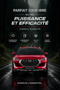 Vue de la Nissan Magnite, une voiture puissante et efficace sur la route.