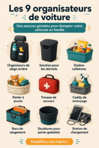 Intérieur d'une voiture familiale bien organisée avec des rangements pratiques.
