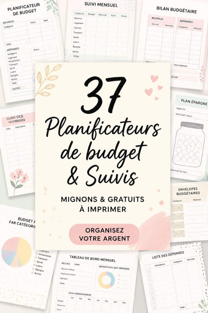 Un échantillon de planificateurs de budget imprimables retrouvés sur une table, avec des stylos colorés.